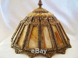 Antique Vtg Victorian Slag Glass Golden Brass Table Lamp Shade 14 Panel & Finial