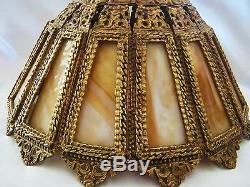 Antique Vtg Victorian Slag Glass Golden Brass Table Lamp Shade 14 Panel & Finial