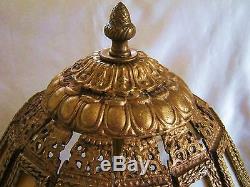 Antique Vtg Victorian Slag Glass Golden Brass Table Lamp Shade 14 Panel & Finial