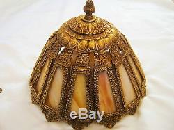 Antique Vtg Victorian Slag Glass Golden Brass Table Lamp Shade 14 Panel & Finial