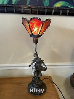 Antique newel post lamp stained glass shade