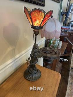 Antique newel post lamp stained glass shade