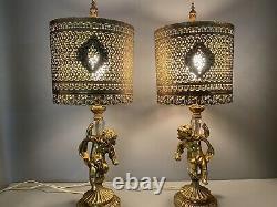 Antique or Vintage Pair of Metal Cherub Lamps with Pierced Metal Shades 27 Tall