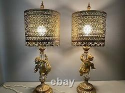 Antique or Vintage Pair of Metal Cherub Lamps with Pierced Metal Shades 27 Tall