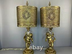 Antique or Vintage Pair of Metal Cherub Lamps with Pierced Metal Shades 27 Tall