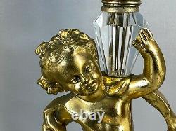 Antique or Vintage Pair of Metal Cherub Lamps with Pierced Metal Shades 27 Tall