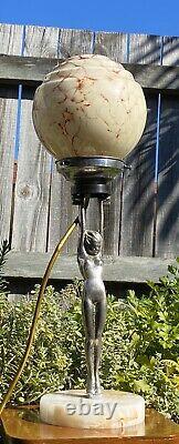 Art Deco Chrome & Alabaster Nude Lady Diana Lamp & Marbled Glass Light Shade