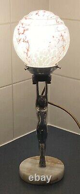 Art Deco Chrome & Alabaster Nude Lady Diana Lamp & Marbled Glass Light Shade