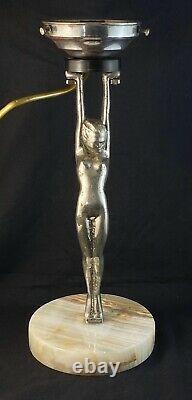 Art Deco Chrome & Alabaster Nude Lady Diana Lamp & Marbled Glass Light Shade