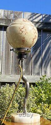 Art Deco Chrome & Alabaster Nude Lady Diana Lamp & Marbled Glass Light Shade