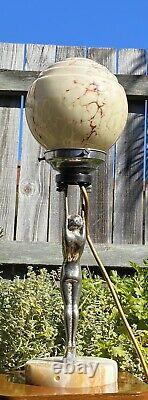 Art Deco Chrome & Alabaster Nude Lady Diana Lamp & Marbled Glass Light Shade