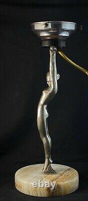 Art Deco Chrome & Alabaster Nude Lady Diana Lamp & Marbled Glass Light Shade