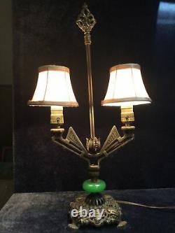 Art Deco Double Table Lamp Peking Glass Silk Shades c1920s