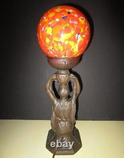 Art Deco Egyptian Maiden Lady Lamp With Vintage Glass Light Shade