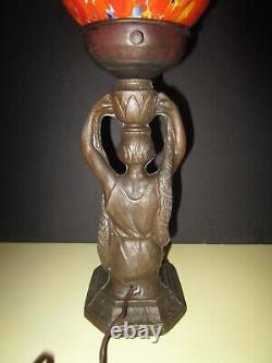 Art Deco Egyptian Maiden Lady Lamp With Vintage Glass Light Shade