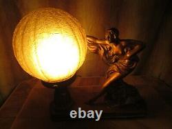 Art Deco No. 183 Lady Figural Lamp With Vtg. Amber Crackle Shade
