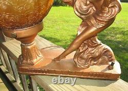 Art Deco No. 183 Lady Figural Lamp With Vtg. Amber Crackle Shade