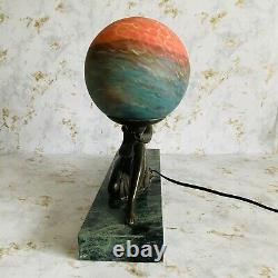 Art Deco Vintage Nude Lady Spelter Statue Lamp French Pate de Verre Globe Shade