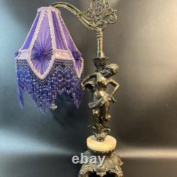Art Nouveau Victorian Lamp Purple Beaded Fringe Shade Goddess Bridge Arm Marble