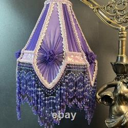 Art Nouveau Victorian Lamp Purple Beaded Fringe Shade Goddess Bridge Arm Marble