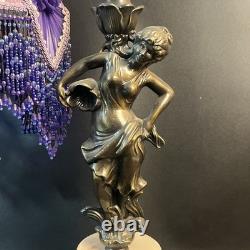 Art Nouveau Victorian Lamp Purple Beaded Fringe Shade Goddess Bridge Arm Marble