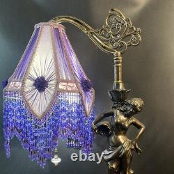 Art Nouveau Victorian Lamp Purple Beaded Fringe Shade Goddess Bridge Arm Marble
