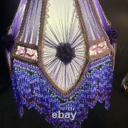 Art Nouveau Victorian Lamp Purple Beaded Fringe Shade Goddess Bridge Arm Marble