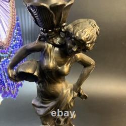 Art Nouveau Victorian Lamp Purple Beaded Fringe Shade Goddess Bridge Arm Marble