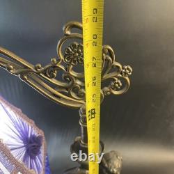 Art Nouveau Victorian Lamp Purple Beaded Fringe Shade Goddess Bridge Arm Marble