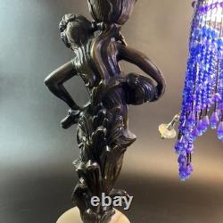 Art Nouveau Victorian Lamp Purple Beaded Fringe Shade Goddess Bridge Arm Marble