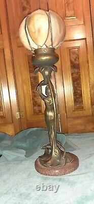 Art Nouveau lady lamp on marble with glass lily shade Circa 1900