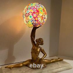 Art deco lamp with gilt girl and millefiori shade