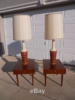 Big Pair 60's Vintage MID Century Danish Teak Pottery Lamps Orig Shades Italy