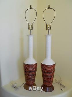 Big Pair 60's Vintage MID Century Danish Teak Pottery Lamps Orig Shades Italy