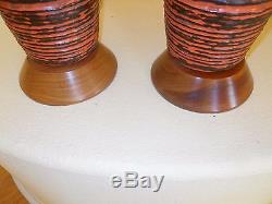 Big Pair 60's Vintage MID Century Danish Teak Pottery Lamps Orig Shades Italy