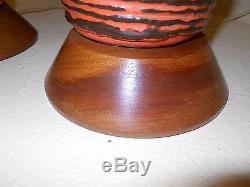 Big Pair 60's Vintage MID Century Danish Teak Pottery Lamps Orig Shades Italy