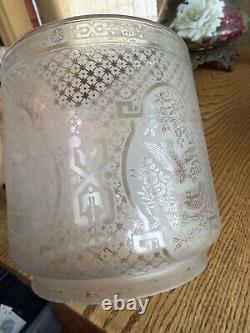 BIRD Antique Acid Etched Glass Oil Gas Hall Lamp Shade Victorian Cylinder 5 Fit