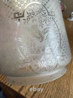 BIRD Antique Acid Etched Glass Oil Gas Hall Lamp Shade Victorian Cylinder 5 Fit