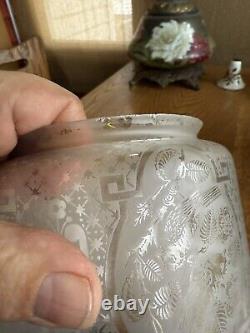 BIRD Antique Acid Etched Glass Oil Gas Hall Lamp Shade Victorian Cylinder 5 Fit