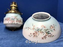BIRDS & FLOWERS Antique MATCHING 14 Oil Lamp SHADE & Base & ORNATE Brass FONT