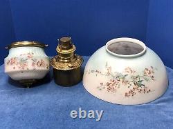 BIRDS & FLOWERS Antique MATCHING 14 Oil Lamp SHADE & Base & ORNATE Brass FONT