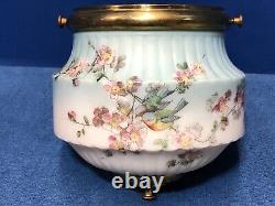 BIRDS & FLOWERS Antique MATCHING 14 Oil Lamp SHADE & Base & ORNATE Brass FONT