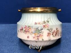 BIRDS & FLOWERS Antique MATCHING 14 Oil Lamp SHADE & Base & ORNATE Brass FONT