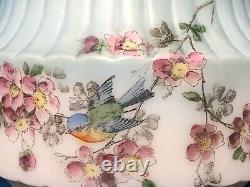 BIRDS & FLOWERS Antique MATCHING 14 Oil Lamp SHADE & Base & ORNATE Brass FONT