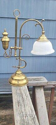 BRASS TABLE LAMP 70s Oil Lamp Style Desk Top Lamp, Glass Shade