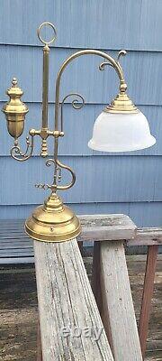 BRASS TABLE LAMP 70s Oil Lamp Style Desk Top Lamp, Glass Shade