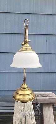 BRASS TABLE LAMP 70s Oil Lamp Style Desk Top Lamp, Glass Shade