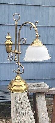 BRASS TABLE LAMP 70s Oil Lamp Style Desk Top Lamp, Glass Shade