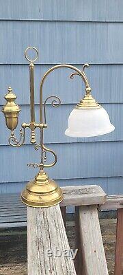 BRASS TABLE LAMP 70s Oil Lamp Style Desk Top Lamp, Glass Shade