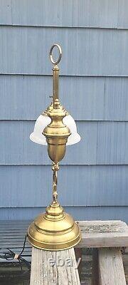 BRASS TABLE LAMP 70s Oil Lamp Style Desk Top Lamp, Glass Shade